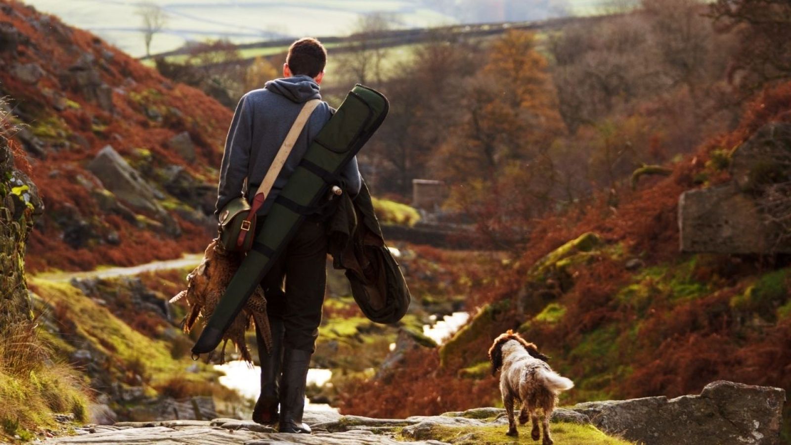 hunter with dog walking around a trail by the forest