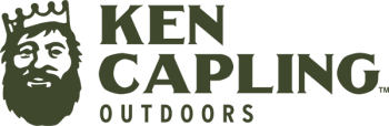 Web logo for Ken Capling Outdoors, with graphic logo and text in dark green on transparent background