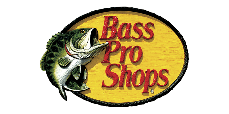 Bass pro shops logo bass fish with red writing and yellow background