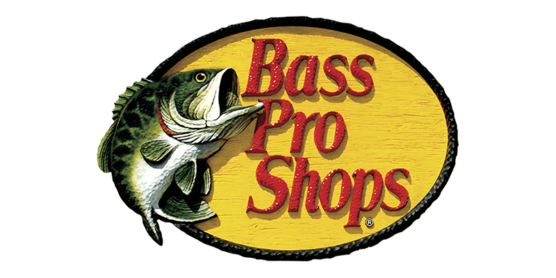 Bass pro shops logo bass fish with red writing and yellow background
